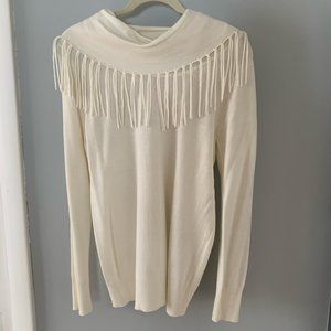 Chelsea & Theodore White Long Sleeve with Fringe Cowl Neck